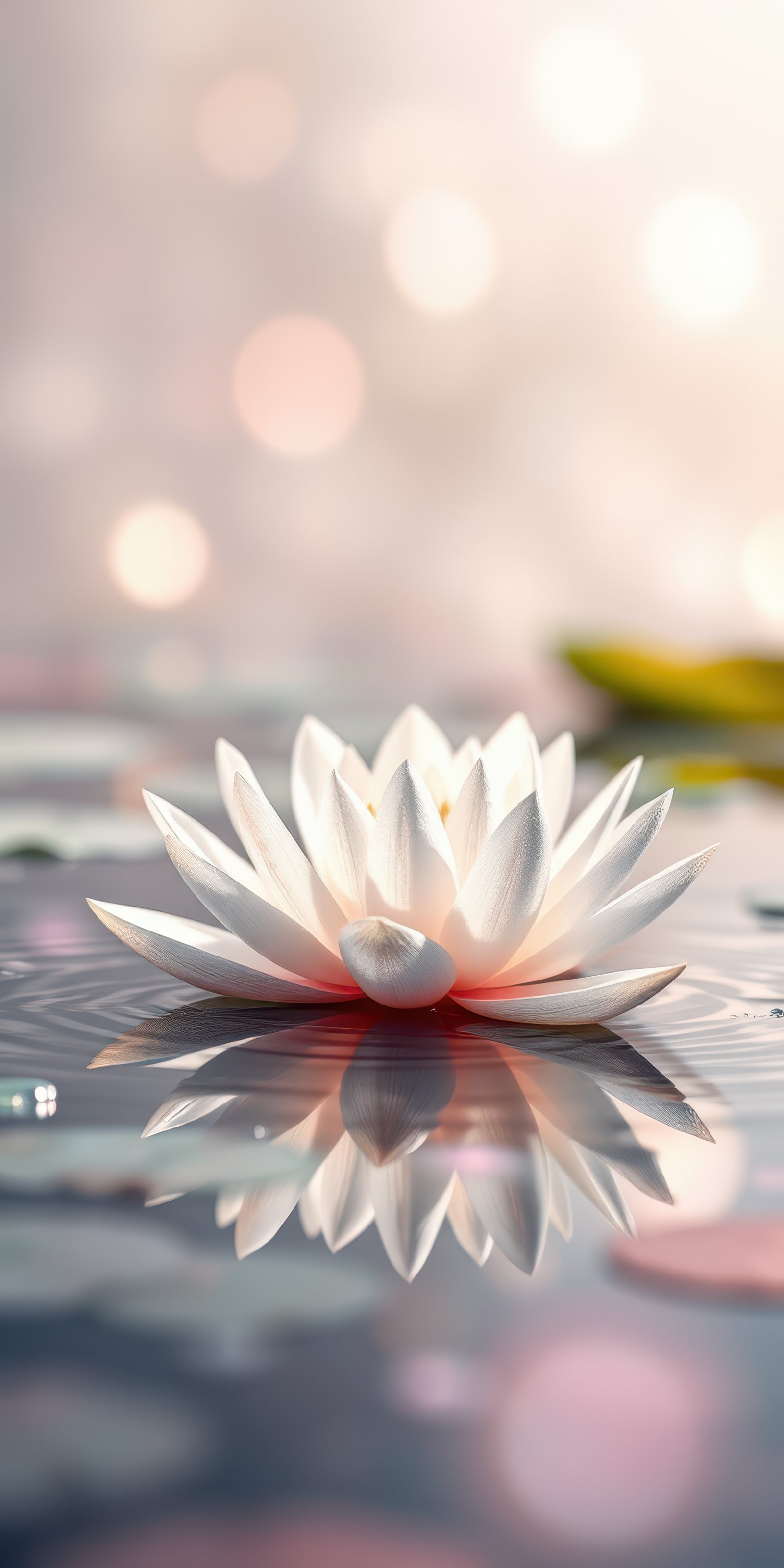 White lotus flower floating serenely on calm water with soft bokeh background during daylight hours